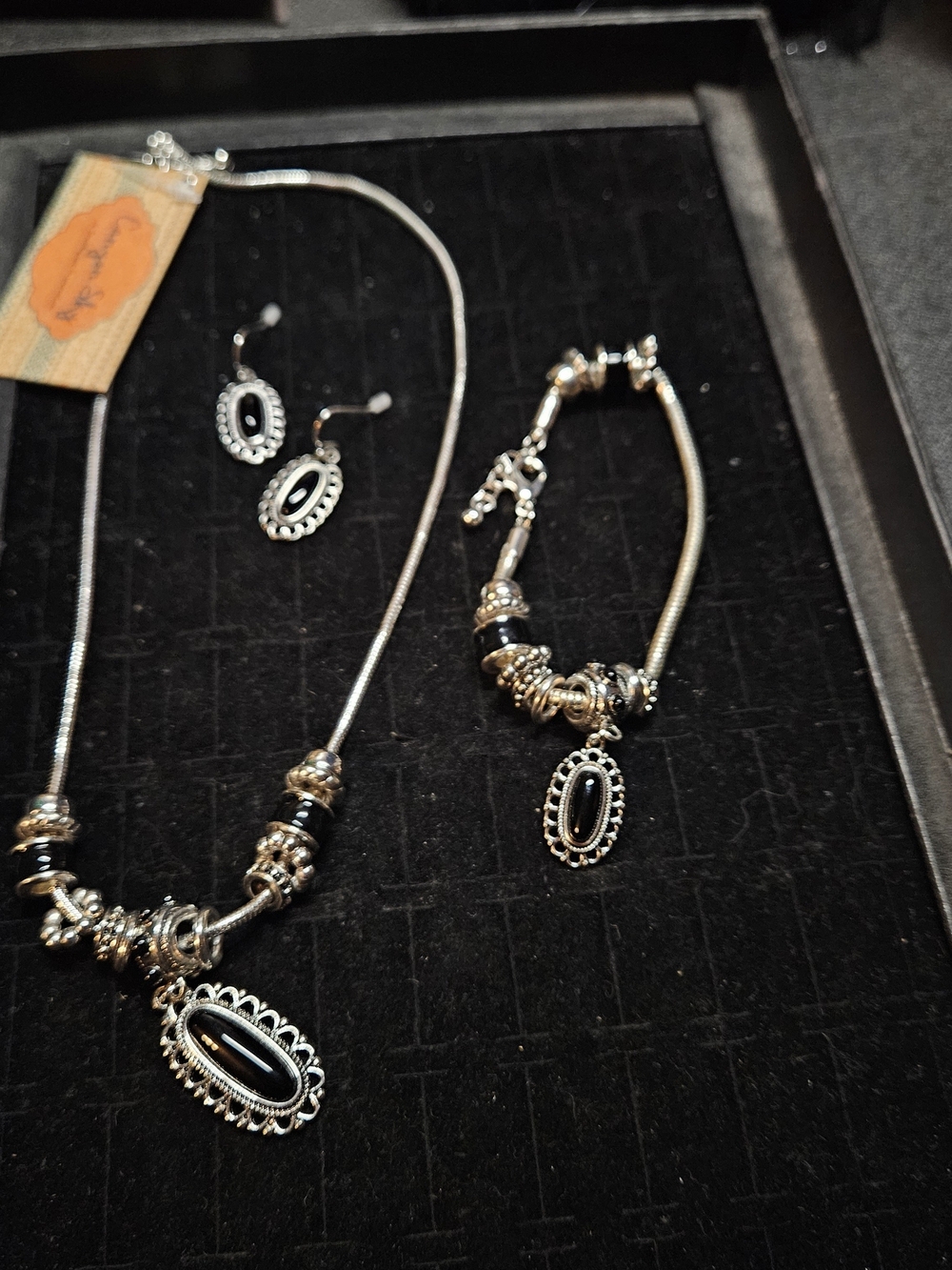 Silver-Tone Black Glass Pendant Jewelry Set - Necklace, Bracelet & Earrings